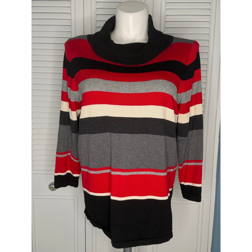 Rafaella Woman 2X Striped Cowl Neck Sweater 100% Cotton Red Black Gray